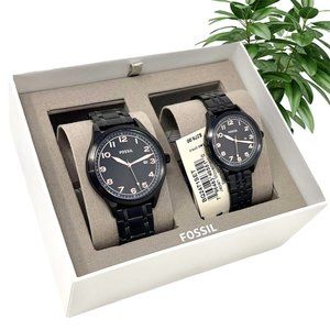 NWT FOSSIL His and Her Wylie Three-Hand Black Watch Box Set BQ2471SET